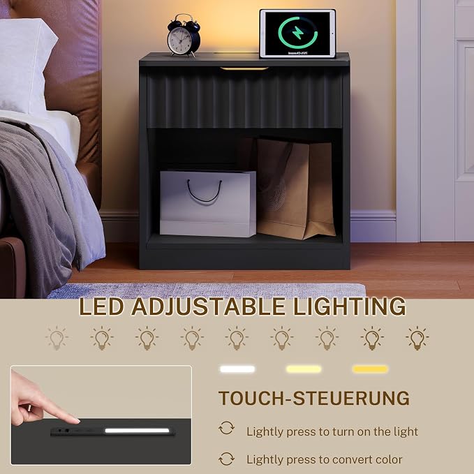Fluted Nightstands Set of 2, Night Stand with Charging Station and LED Light, Nightstand with Storage Drawer and Open Shelf, Bedside Table for Small Space, Bedroom, Black