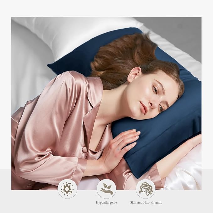 WishSmile Cooling Pillowcases Standard Pillow Cases Set of 2,Hair and Skin Friendly,Navy Blue,20x26 inches