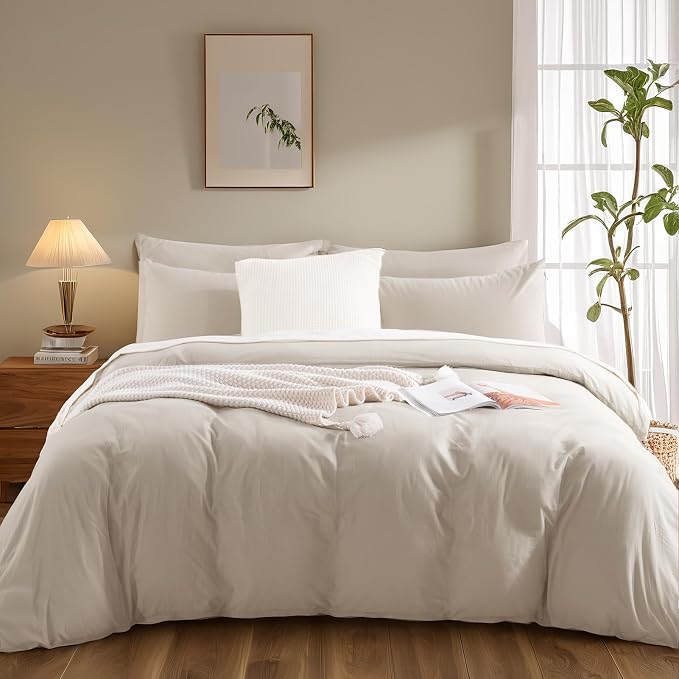 NEXHOME PRO King Duvet Cover Set – 100% Certified Organic Cotton with Washed Feel & Linen-Like Texture, Comfortable & Breathable, Home Bedding Set Light Linen (No Comforter)