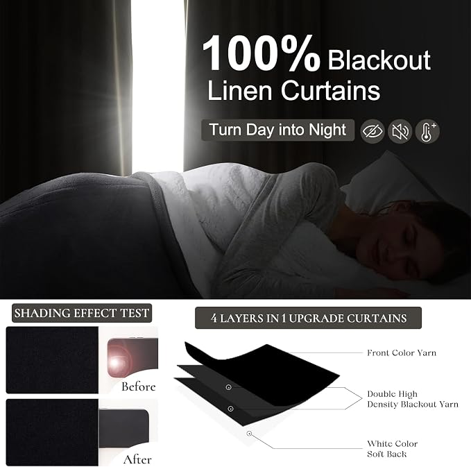 Black Out Curtains 60 Inches Extra Wide Luxury Linen Curtains 84 Inch Length for Living Room, Pleated Farmhouse Bedroom Thermal Heavy Drapes for Winter Thick Large Window 60"W x 84"L 2 Panels