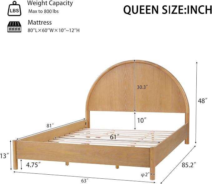 Christopher Knight Home Elsinore Queen Size Bed Frame with Arched Headboard, Modern Wooden Platform Bed, Wood Bed Support and Slats, No Box Spring Needed, Queen Size Beds for Adult, Natural Oak