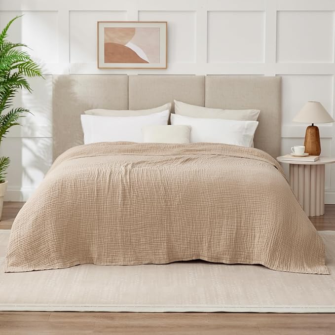 100% Cotton Muslin Blanket California King 120" x 90", 6 Layers Breathable and Lightweight Oversized Blankets for Bed, Soft Cooling Gauze Blanket for Adults All Season, Beige