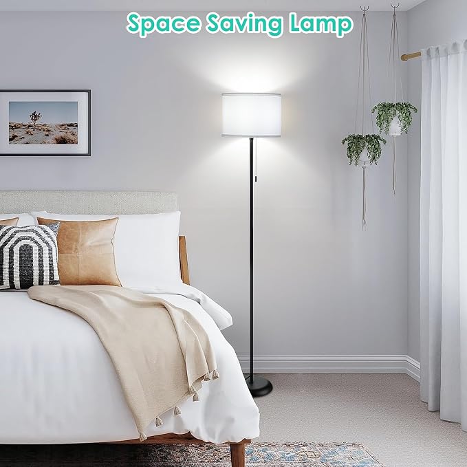 FOLKSMATE Floor Lamp for Living Room, Modern LED Simple Standing Lamps, Minimalist Tall Lamp for Bedroom, Living Room, Office, Kids Room, Reading Light, Black Pole Lamp with White Shade, Without Bulb