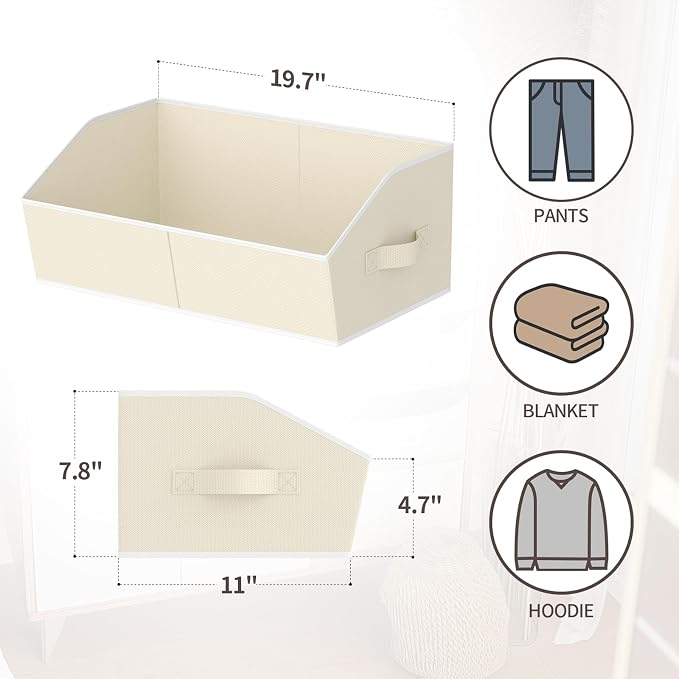Storage Bins for Shelves - Large Trapezoid Closet Shelf Organizer, Fabric Organization Bins with Handles, Storage Baskets for Clothes, Towel, Purse, 6 Pack, Beige