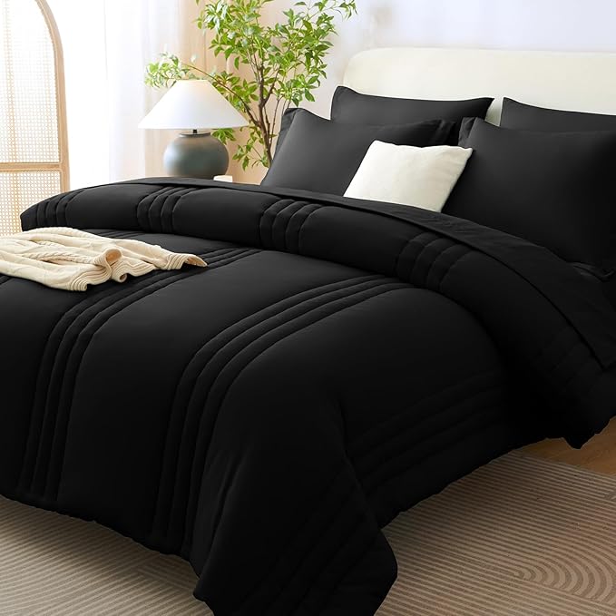 Super King Plus Comforter Set Black - Oversized 128x120 Bed Set | Maximum King-Bed Coverage, 240GSM Down-Alternative Fill, 14" Deep-Pocket Sheets, Shams & Pillowcases, Lightweight