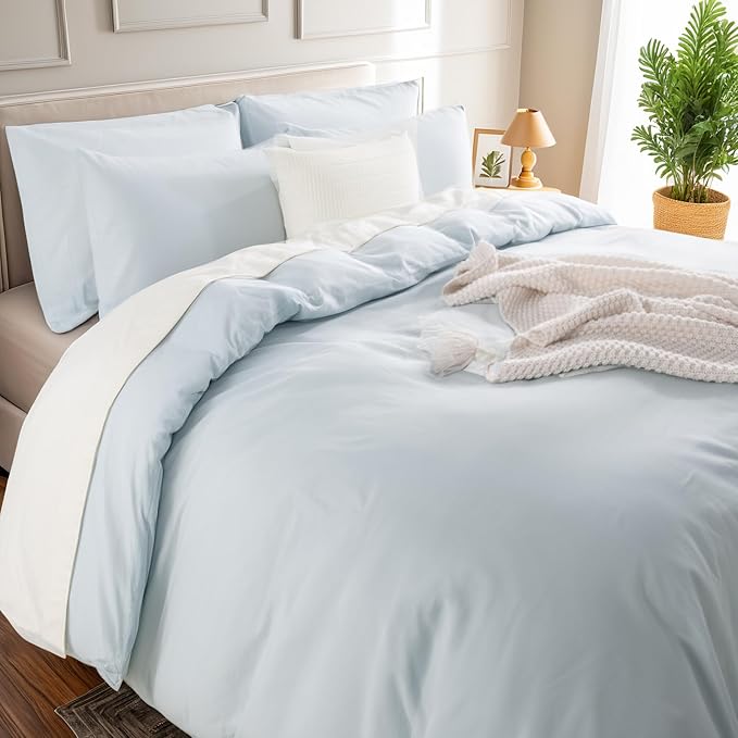 NEXHOME PRO Duvet Cover Set Queen Size Linen Look Textured Natural 100% Organic Cotton Duvet Cover 3 Pieces Bedding Set with Zipper Closure, Soft, Light Baby Blue (No Comforter)