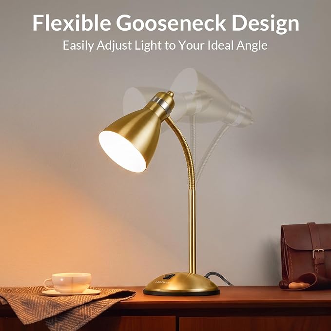 LEPOWER Metal Desk Lamp, Adjustable GooseNeck Reading Light for Bedroom | Compact & Sturdy, Space-Saving for Bedside & Dorm, E26 Table Lamp, Eye-Caring, Ldeal for Study, Office, Back to School
