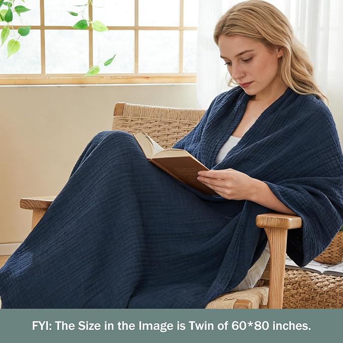 EMME Cotton Muslin Throw Blanket 4 Layer for Adults, Lightweight Breathable Gauze Blanket, Soft All Season Couch Blanket for Couch Bed Travel (Navy, 50"x60")
