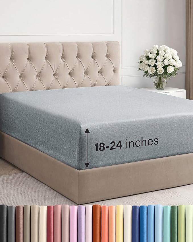 Extra Deep Full Fitted Sheet - Single Fitted Sheet Only - Heathered Blue | Easily Fits 18 inch to 24 inch Mattress, Soft, Wrinkle Free, Breathable & Comfy, Extra Deep Pockets Hotel Luxury Fitted Sheet