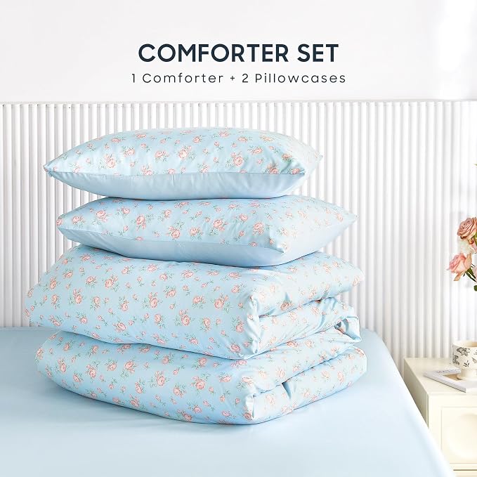 Wake In Cloud - Floral Comforter Set, Coquette Cottagecore Aesthetic Flower Shabby Chic Pattern for Women Teen Girls, Soft Lightweight Bedding, 3 Pieces, Blue Pink, King Size