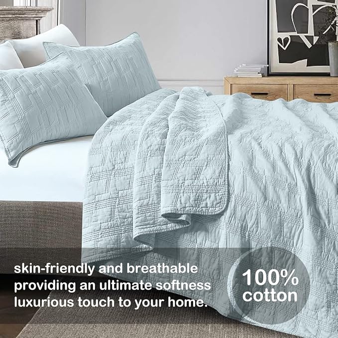 HORIMOTE HOME 100% Cotton Quilt Set Twin Size, Baby Blue Pre-Washed 2-Piece Bedspread Coverlet Set, Cozy Lightweight Stitching Bedding Cover with 1 Shams in Geometric Pattern for All Season