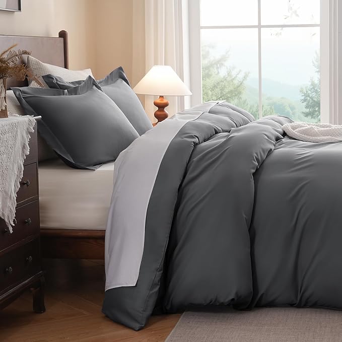 FreshCulture Duvet Cover King Size - 3 Pieces Microfiber Duvet Cover Set with Zipper Closure - Lightweight & Easy Care - 1 Comforter Cover & 2 Pillow Shams - Comforter Not Included (Dark Grey)