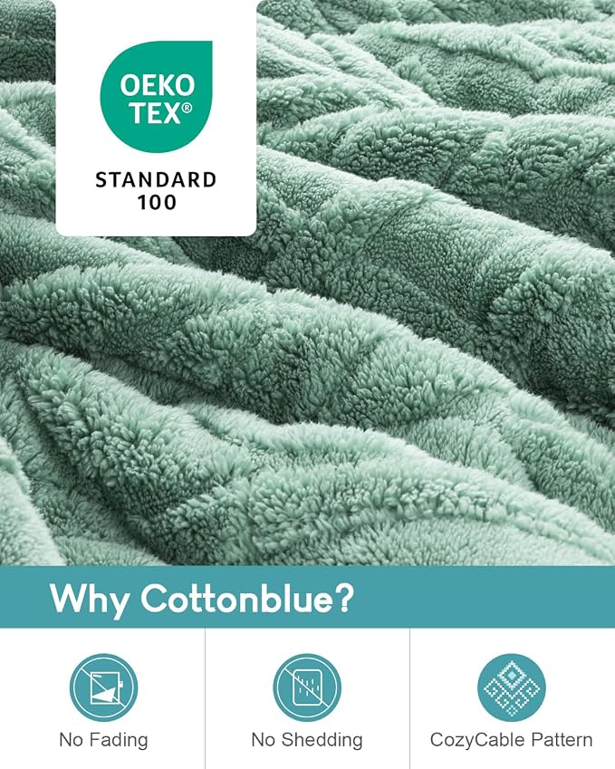 Cottonblue Jacquard Weighted Blanket 15 lbs for Adults Queen Size 60x80in | Ultra Soft Sherpa Fleece Weighted Blankets for Better Sleep Calm Relax, Cozy Warm Sofa Bed Heavy Blanket Throw, Sage Green