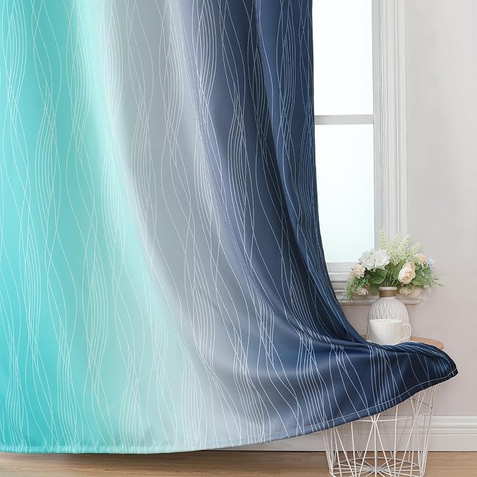 Navy Blue and Teal Gradient Blackout Curtains for Living Room 72 Inch Long | Estelar Textiler Ombre Curtains for Bedroom,Room Darkening Thermal Insulated Energy Saving Grommet Drapes,52Wx72L,2 Panels