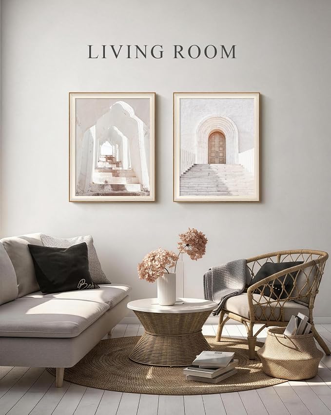 VIYYIEA Framed Landscape Wall Art Set of 2, Minimalist Mediterranean Bohemian Diptych, Beige Arched Doorway Ancient Wall Decor for Living Room Dining Area Hallway, 16×20inch