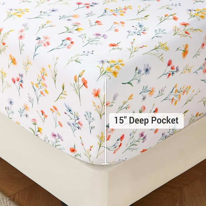 Viviland Floral King Sheet Set - 4 Piece Vintage Botanical Flower and Leaves Patterned Bed Sheets - Soft, Breathable Microfiber Sheets with Deep Pocket, Non-Slip Fitted Sheets & Pillowcases
