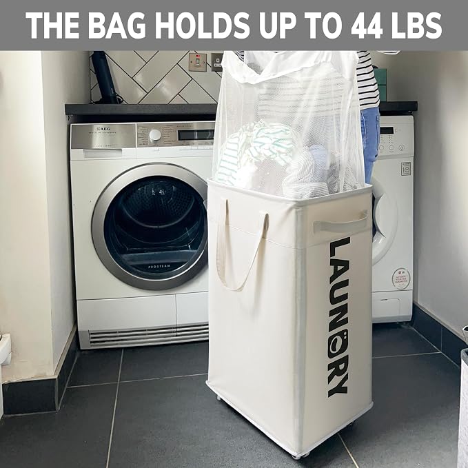 Goodpick 2-Pack Laundry Hamper with Wheels & Wash Bag for College Dorm, 75L | Clothes Hamper with Removable Wash Bag for Laundry Room, Large Rolling Laundry Basket with Handles, White