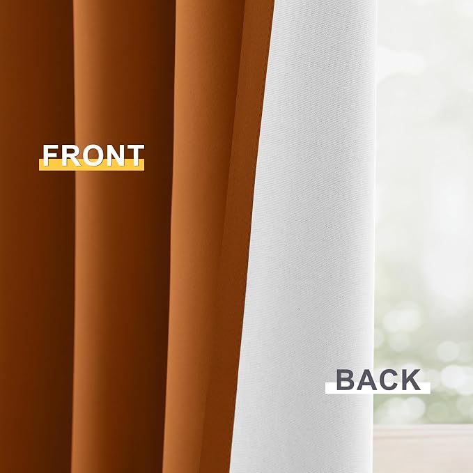 Yakamok Burnt Orange 100% Blackout Curtains 84 Inches Long 50" Wide 2 PCS | Blackout Curtain Panels for Bedroom, 2 Thick Layers Grommet Top Thermal Insulated Drapes with White Back for Living Room