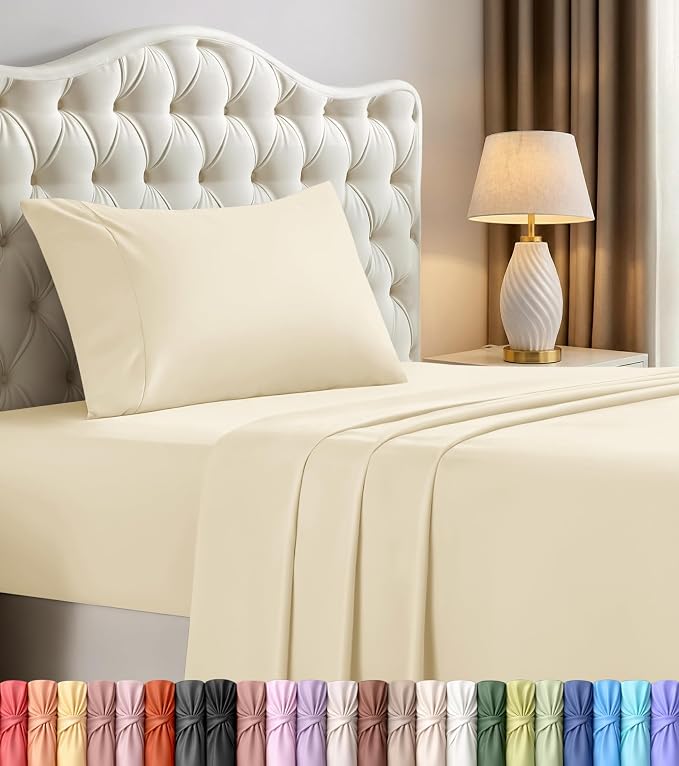 Twin Sheets Set, 3 Pieces 16" Deep Pocket Hotel Luxury Bed Sheets, Ivory | Extra Soft Bedsheet Set, Comfy & Breathable Cooling Sheets, Wrinkle & Fade Resistant, Fitted Sheet, Flat Sheet, 1 Pillowcase