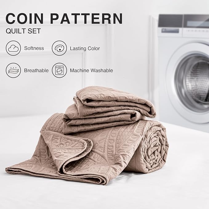 Love's cabin California King Size Quilt Bedding Set Burlwood Bedspreads - Cal King Lightweight Bedspread Comforter - Coin Pattern Coverlet for All Season - 3 Pieces (1 Quilt, 2 Pillow Shams)