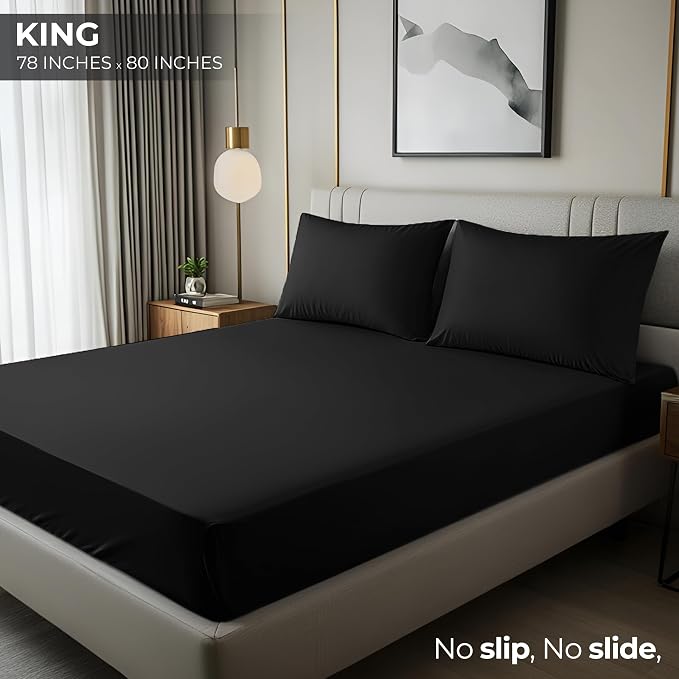 King Fitted Sheet, Ultra Soft Fits Up to 16 Inch Deep Pocket, Black | Hotel Comfort, Cooling & Breathable Cotton like Polyester, Easy Fit, Wrinkle & Fade Resistant, Snug Fit, Easy Care, Oeko-Tex