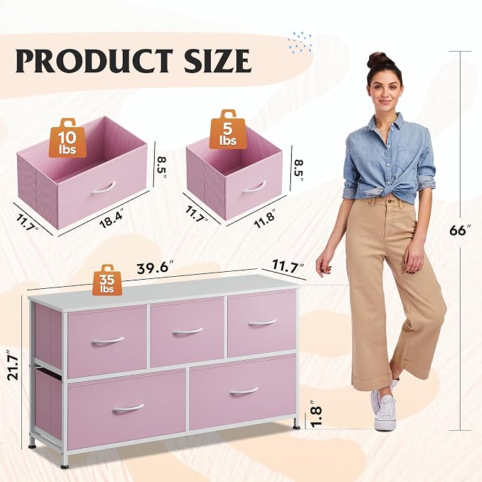 WLIVE 5 Drawer Dresser for Bedroom, Wide Chest of Drawers, A-Pink | 5 roomy fabric drawers, Wide storage design, Bedroom or closet use, Sturdy steel frame, Smooth wood tabletop