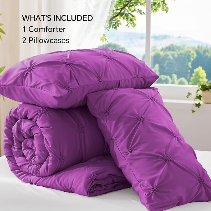 BEDELITE Queen Comforter Set Purple,Lightweight & Soft Comforter | Pintuck Boho Bedding, Warm & Cute Bed Set for All Season,With 2 Pillowcases