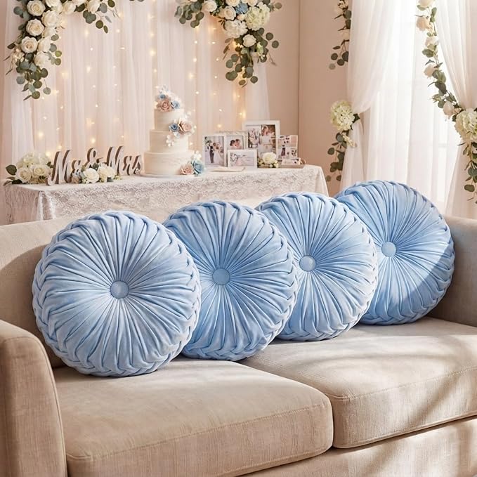 Kathfly 4 Pcs Decorative Round Pleated Throw Pillows, Classy Velvet Pumpkin Round Throw Pillows, Decorative Floor Pillow for Bed Chair Home Sofa Decor, 14" Diameter (Sky Blue)