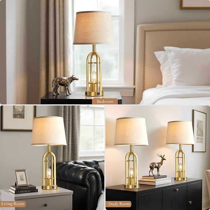 SRJJA Gold Table Lamps for Living Room Set of 2 - Modern Farmhouse Bedside Lamps for Bedroom Night Stands with Nightlight and USB A+C, Industrial Lamp for Living Room End Tables