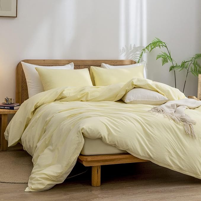 BESTOUCH Cotton Solid Duvet Cover Set Linen Feel Light Yellow Alaska King | 100% Washed Cotton, Soft Wrinkle Texture, Hidden Zipper, 8 Ties, Breathable Lightweight Durable Comfy, 3 Pcs No Insert