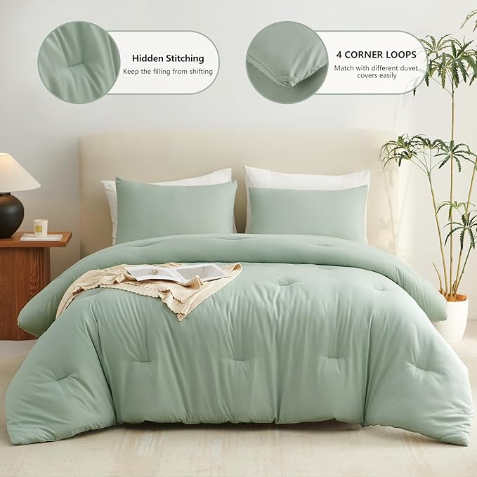 Oversized King Comforter Set, 3 Pieces Sage Green Quilted Bedding | 270 GSM Down Alternative Fill, 4 Corner Ties for Duvet Insert Use, All Season, OEKO-TEX Certified, 2 Pillowcases, 120 x 98 in