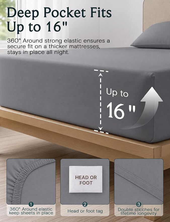 LuxClub 4 PC Queen Sheet Set, Deep Pockets Wrinkle Free Cooling Bed Sheets Hotel Bedding for Women, Men, Includes 1 Fitted Sheet, 1 Flat Sheet and 2 Pillowcases-Soft Light Grey | LuxClub Silky Fitted Sheet & Pillowcase Sets, Breathable Hotel Luxury Bed...