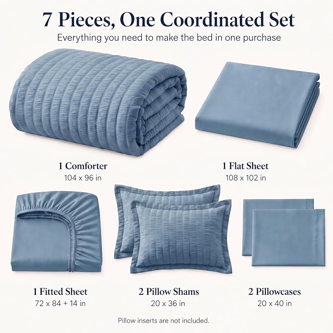 California King Comforter Set, Grayish Blue Seersucker Bed in a Bag | OEKO-TEX Certified, 7 Pieces Bedding Sets with 240 GSM Down Alternative Comforter, Flat & Fitted Sheets, Pillowcases & Shams