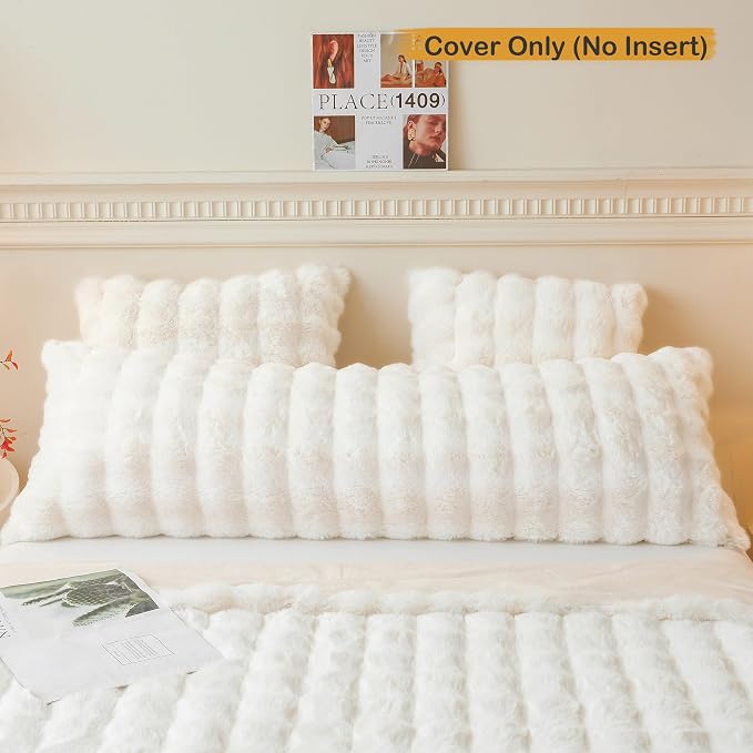 LIFEREVO Fluffy Faux Rabbit Fur Body Pillow Cover 20"x54", Beige | Luxury Bubble Shaggy Ivory Bed Pillowcase with Zipper Closure, Decorative Furry Long Pillow Case for Adults Kids Girls Teens