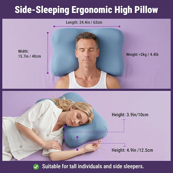 ZZ-WELL Side Sleeper Pillow - Patented Cervical Neck Pillow for Sleeping with Cooling Cover - High Loft Heavy Density Memory Foam Pillows for Side Sleepers & Broad Shoulders Adults (Blue)