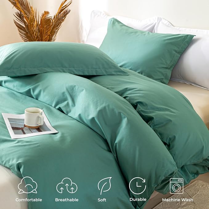 OAITE Duvet Cover Set 100% Washed Cotton Solid 3pcs | Soft,Durable,Long-staple Cotton,Hidden Zipper with 8 Interior Corner Ties,2 Pillowcases,68"X90"
