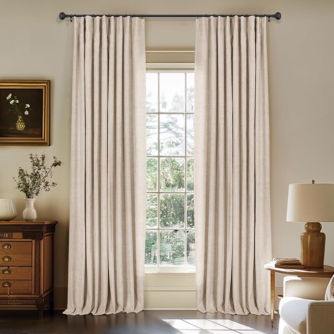 100% Blackout Curtains for Bedroom Oatmeal Linen Look Curtains 90 Inch Long | Black Out Curtains for Living Room 2 Panels, Clip Rings Blackout Drapes, Thermal Insulated Room Darkening, W50xL90
