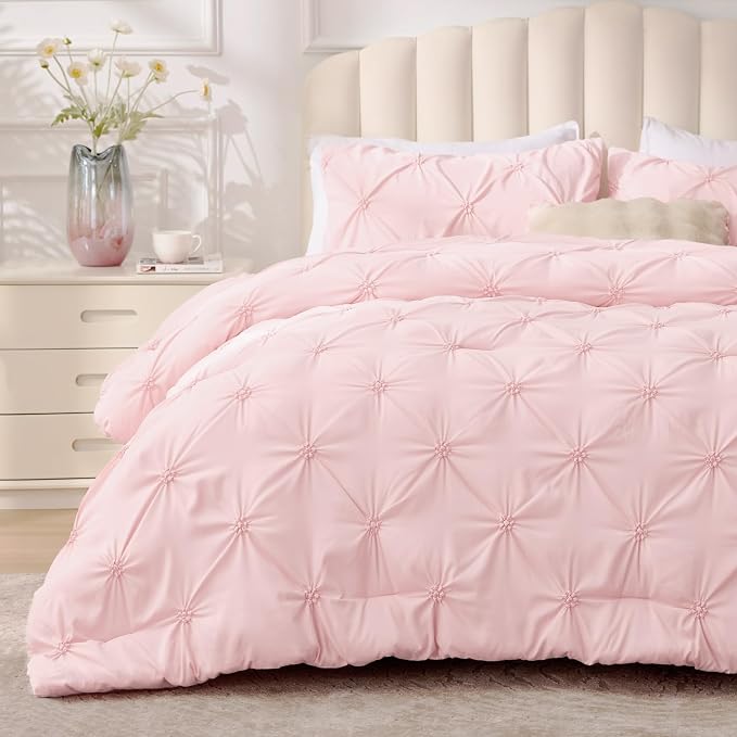 BEDELITE Twin Comforter Set Baby Pink,Lightweight & Soft Comforter | Pintuck Boho Bedding, Warm & Cute Bed Set for All Season,With 1 Pillowcase