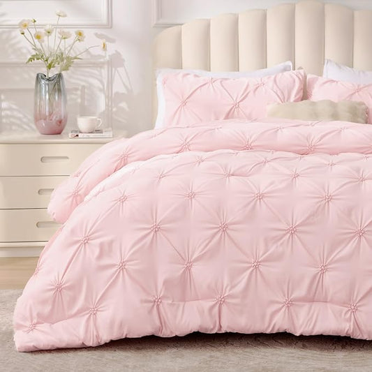 BEDELITE Full Comforter Set Baby Pink,Lightweight & Soft Comforter | Pintuck Boho Bedding, Warm & Cute Bed Set for All Season,With 2 Pillowcases