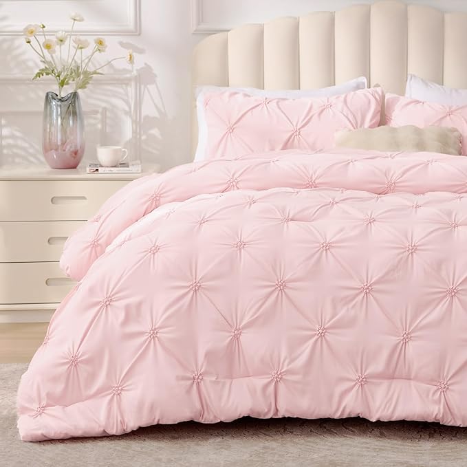 BEDELITE Queen Comforter Set Baby Pink,Lightweight & Soft Comforter | Pintuck Boho Bedding, Warm & Cute Bed Set for All Season,With 2 Pillowcases
