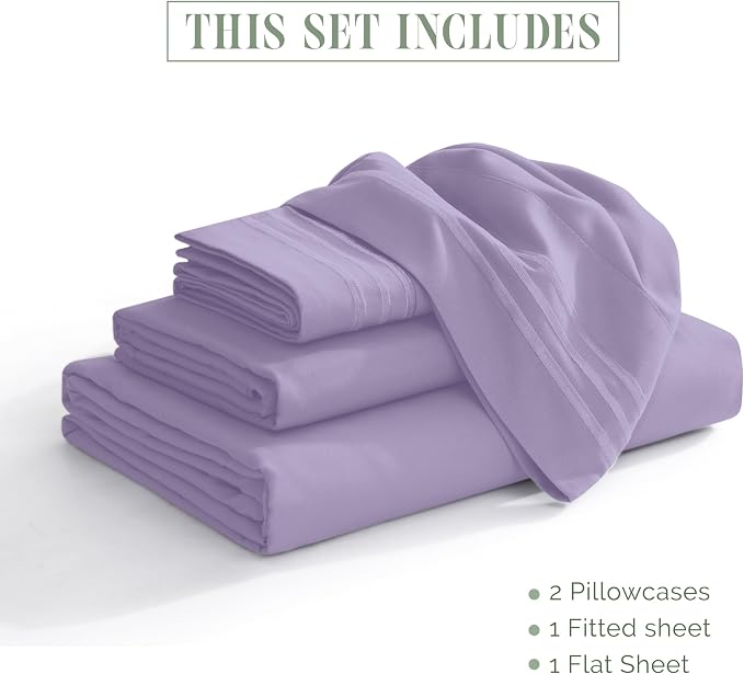 Elegant Comfort Luxurious 1500 Premium Hotel Quality Microfiber Three Line Embroidered Softest 4-Piece Bed Sheet Set, Wrinkle and Fade Resistant, Twin/Twin XL, Lavender