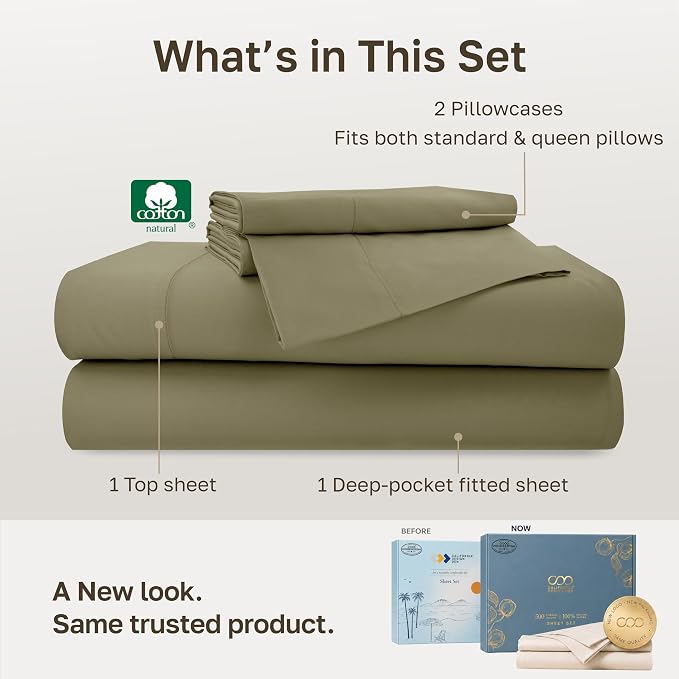 California Design Den 100% Cotton Sateen Full Size Bed Sheets Set, 4 Pcs | Soft 500 Thread Count Backed by Good Housekeeping Seal, 16" Deep Pocket, All-Around Elastic, Easy Care - Pamelo Olive