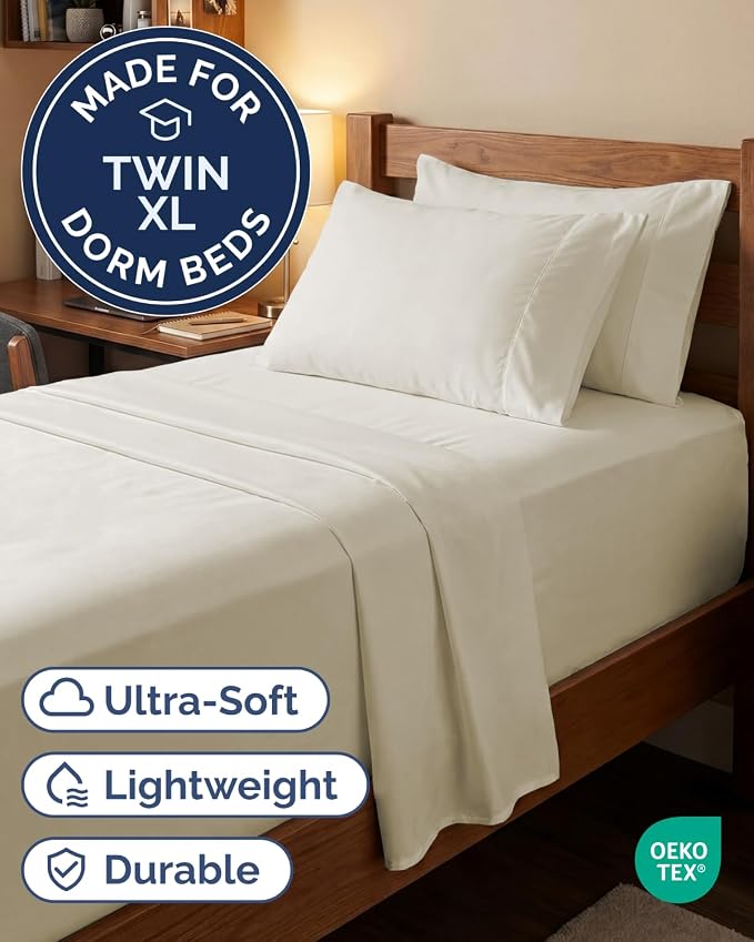 Extra Deep Twin XL Sheet Set - 4 Piece College Dorm Room - Off White | College Dorm Room Essentials, Easy & Secure Fit, Ultra-Soft, Wrinkle & Fade Free, Comfy Sheets Set with Extra Deep Pockets