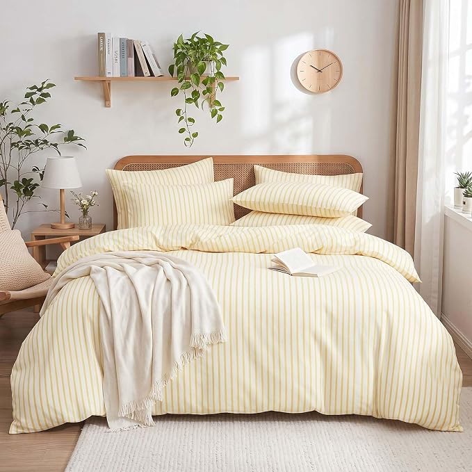 Nayoroom Yellow Striped Duvet Cover Queen Size Yellow and White Stripe Duvet Cover Aesthetic Dorm Bedding 3 Pieces Soft Microfiber Farmhouse Bedding Set Girls Bedroom Decor