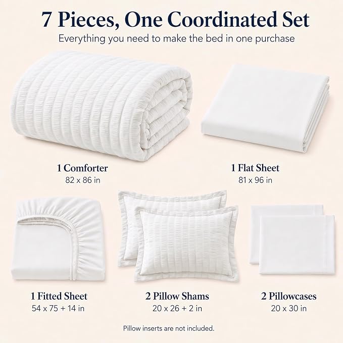 Full Size Comforter Sets, 7 Pieces White Seersucker Bed in a Bag | OEKO-TEX Certified, All Season Bedding Set with 240 GSM Down Alternative Comforter, Flat & Fitted Sheets, Pillowcases & Shams