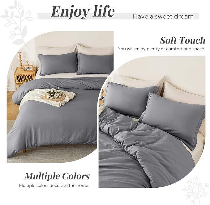 MILDLY Duvet Cover Queen Ultra Soft Comforter Cover Set 3pcs, Dark Grey | Washed Microfiber Cotton-Like, Breathable Comfort, Hidden Zipper, Corner Ties, OEKO-TEX Certified, Fade Resistant