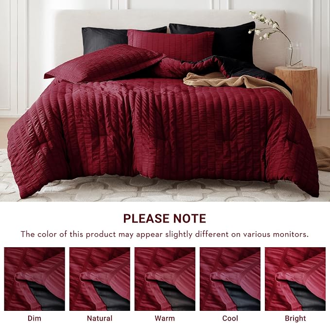 5 Pieces Twin Comforter Set, Seersucker Bed in a Bag Twin Size, All Season Luxury Bedding Set with Comforter, Flat Sheet, Fitted Sheet, Pillowcase & Sham, Red & Black