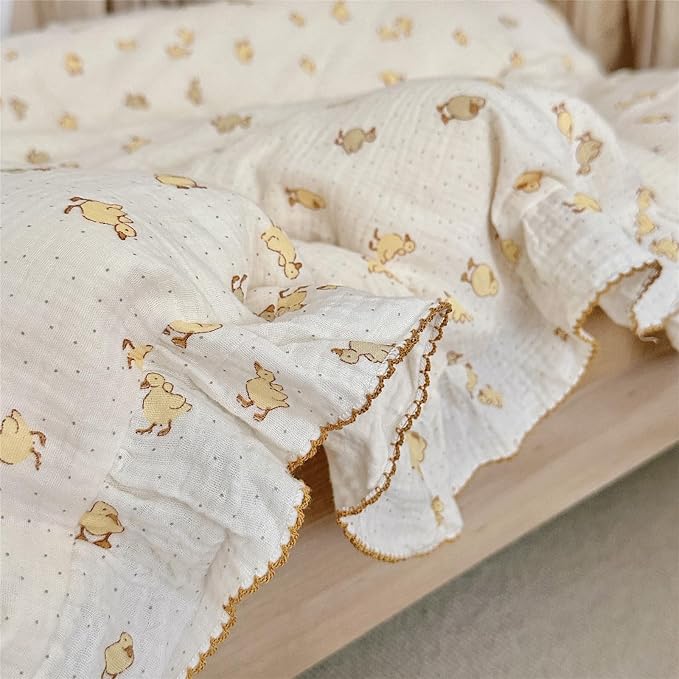 Cute Yellow Duck Print Duvet Cover Twin for Kids Toddler Girls Boys 100% Cotton Muslin Quilt Cover Twin, 68"x86", Ruffled Bedding Soft Breathable, Zipper Closure, No Pillowcase