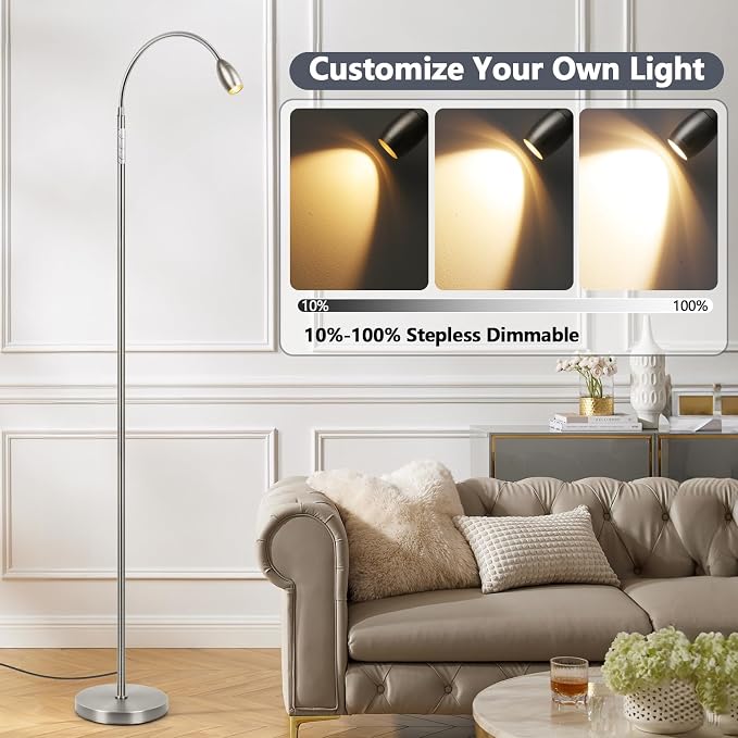 Reading Floor Lamp, 72" LED Dimmable Lamp with Gooseneck,Zoomable Spotlight | Adjustable Color Beam Standing Lamp, Touch & Remote Control, Task Craft, Sewing, Bedroom Living Room, Office, Brushed Nicke