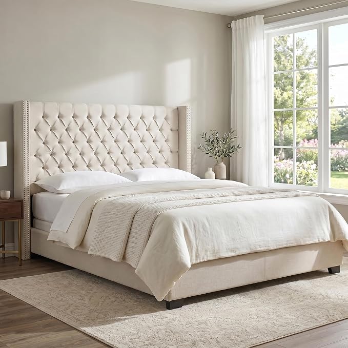 Madison Park Amelia Upholstered Headboard | Nail Head Trim Wingback Button Tufted | King, Cream